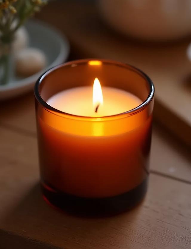 Vela de cera de soja aromática encendida en un vaso de vidrio ámbar.